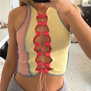 VRG GRL tie patchwork lace up top